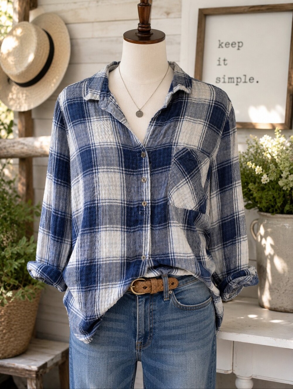 Cloth & Stone Blue White Plaid Lyocell Roll Tab Shirt Small
